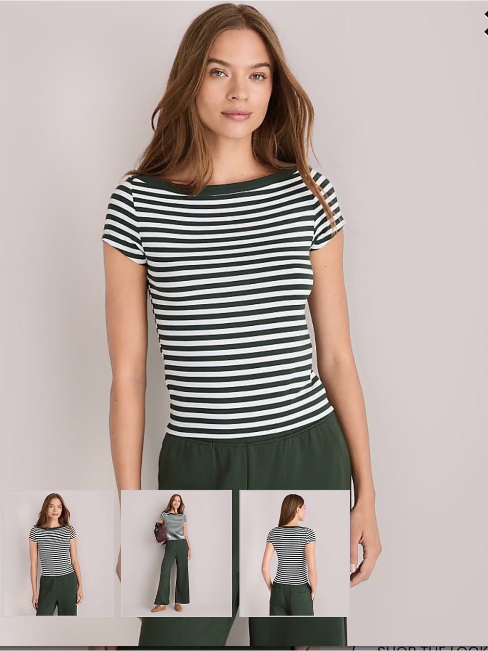LOFT Dark Green and White Striped Short-Sleeve Boatneck Tee